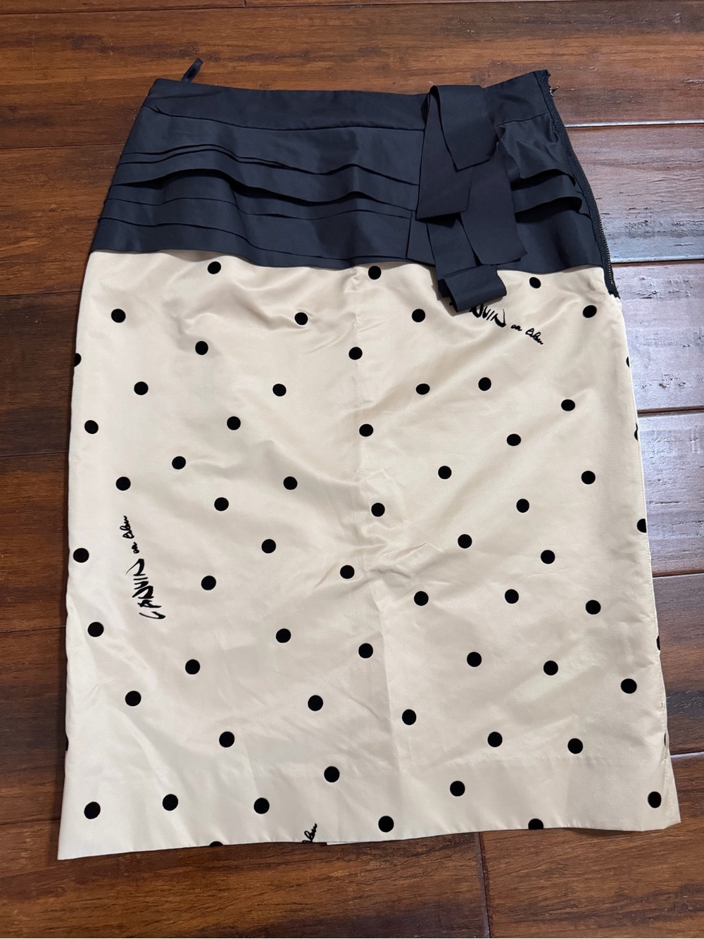 Lanvin Cream and Black Polka Dot Pencil Skirt with Bow Waist